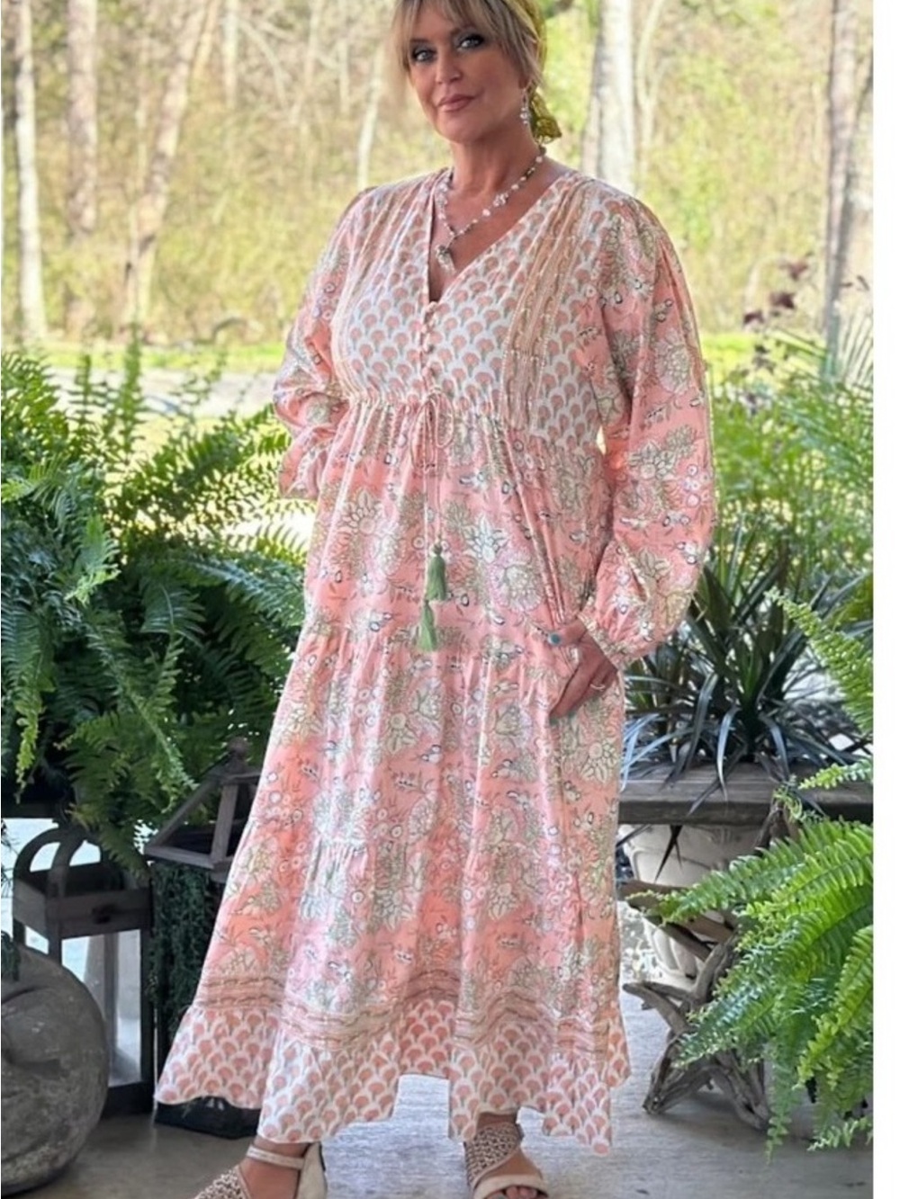 Jaded Gypsy Pink Floral Maxi Dress with Tassel Tie